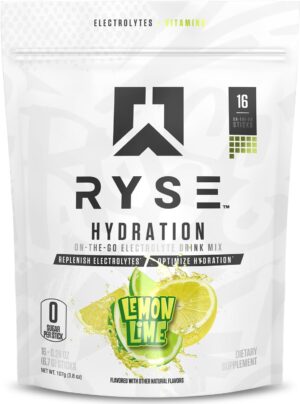 RYSE Hydration Electrolyte Powder Drink Mix Packets - Lemon Lime - Sugar-Free Full Spectrum Electrolytes with Essential Vitamins, Taurine and Choline for Rehydration - 16 Serving Sticks
