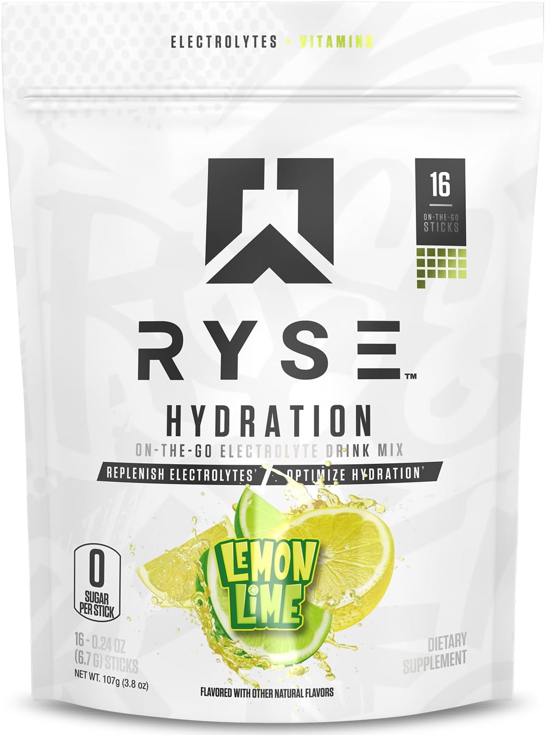 RYSE Hydration Electrolyte Powder Drink Mix Packets - Lemon Lime - Sugar-Free Full Spectrum Electrolytes with Essential Vitamins, Taurine and Choline for Rehydration - 16 Serving Sticks
