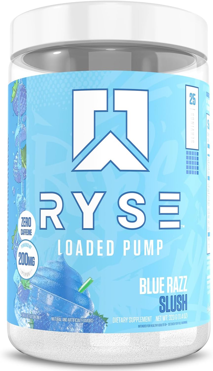 Ryse Loaded Pump Pre Workout Powder - Blue Razz Slush - No Caffeine Stimulant Free Formula for Pump, Power & Endurance - L-Citrulline, PeptiPump, Betaine Anhydrous, Taurine & AstraGin - 25 Servings