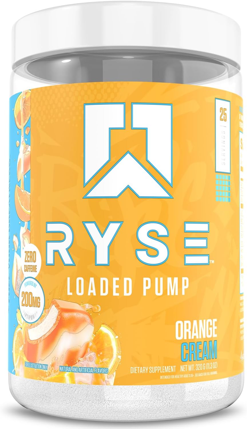 Ryse Loaded Pump Pre Workout Powder - Orange Cream - No Caffeine Stimulant Free Formula for Pump, Power & Endurance - L-Citrulline, PeptiPump, Betaine Anhydrous, Taurine & AstraGin - 25 Servings
