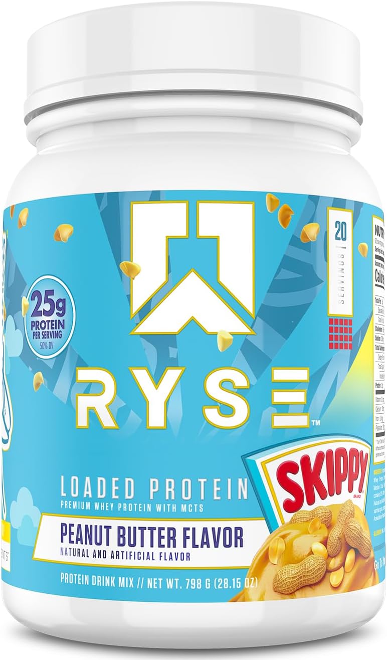 RYSE Loaded Protein Powder - Skippy Peanut Butter - 25g Whey Protein Isolate & Concentrate with Prebiotic Fiber & MCTs - Low Carb, Low Sugar, Digestive-Friendly - 20 Servings / 1.5 lb Tub