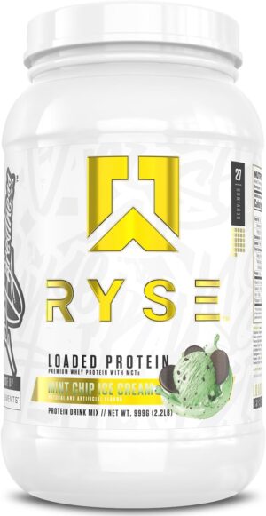 RYSE Loaded Protein Powder - Mint Chip Ice Cream - 25g Whey Protein Isolate & Concentrate with Prebiotic Fiber & MCTs - Low Carb, Low Sugar, Digestive-Friendly - 27 Servings / 2 lb Tub