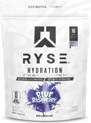 RYSE Hydration Electrolyte Powder Drink Mix Packets - Blue Raspberry - Sugar-Free Full Spectrum Electrolytes with Essential Vitamins, Taurine and Choline for Rehydration - 16 Serving Sticks
