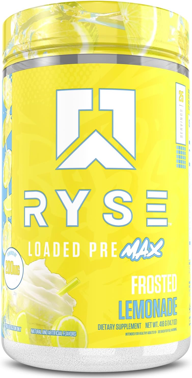Ryse Loaded Pre Max Pre Workout Powder - Frosted Lemonade - 300mg Dual-Phase Caffeine for Sustained Energy for Men & Women - L-Citrulline, PeptiPump & Alpha-GPC for Power, Pumps & Focus - 25 Servings