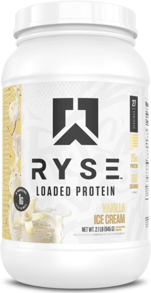 RYSE Loaded Protein Powder - Vanilla Ice Cream - 25g Whey Protein Isolate & Concentrate with Prebiotic Fiber & MCTs - Low Carb, Low Sugar, Digestive-Friendly - 27 Servings / 2 lb Tub