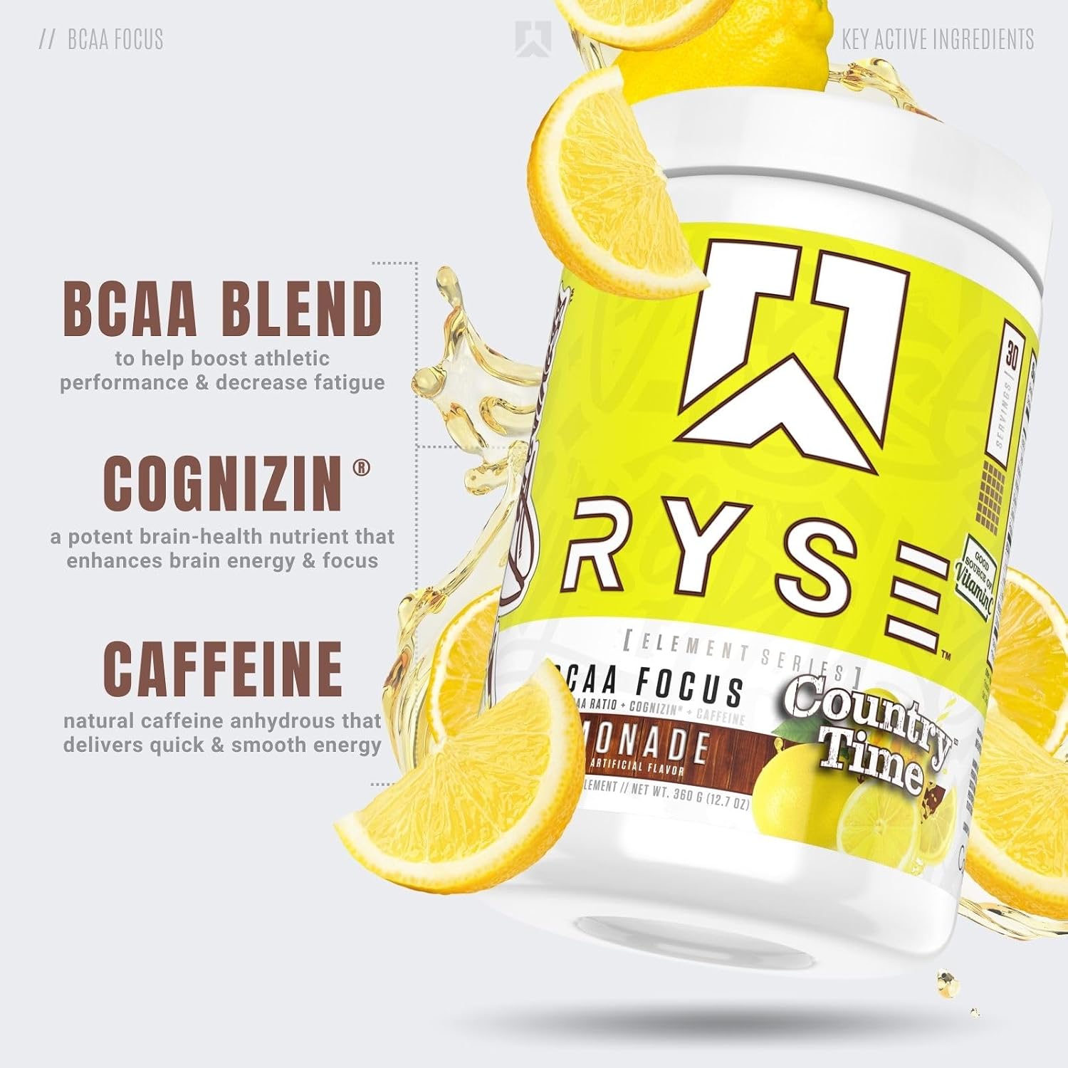 RYSE BCAA Focus Powder - Country Time Lemonade - BCAA Supplement with Electrolytes, Natural Caffeine & Cognizin Supports for Hydration, Recovery, Energy, and Focus for Men & Women - 30 Servings - Image 3