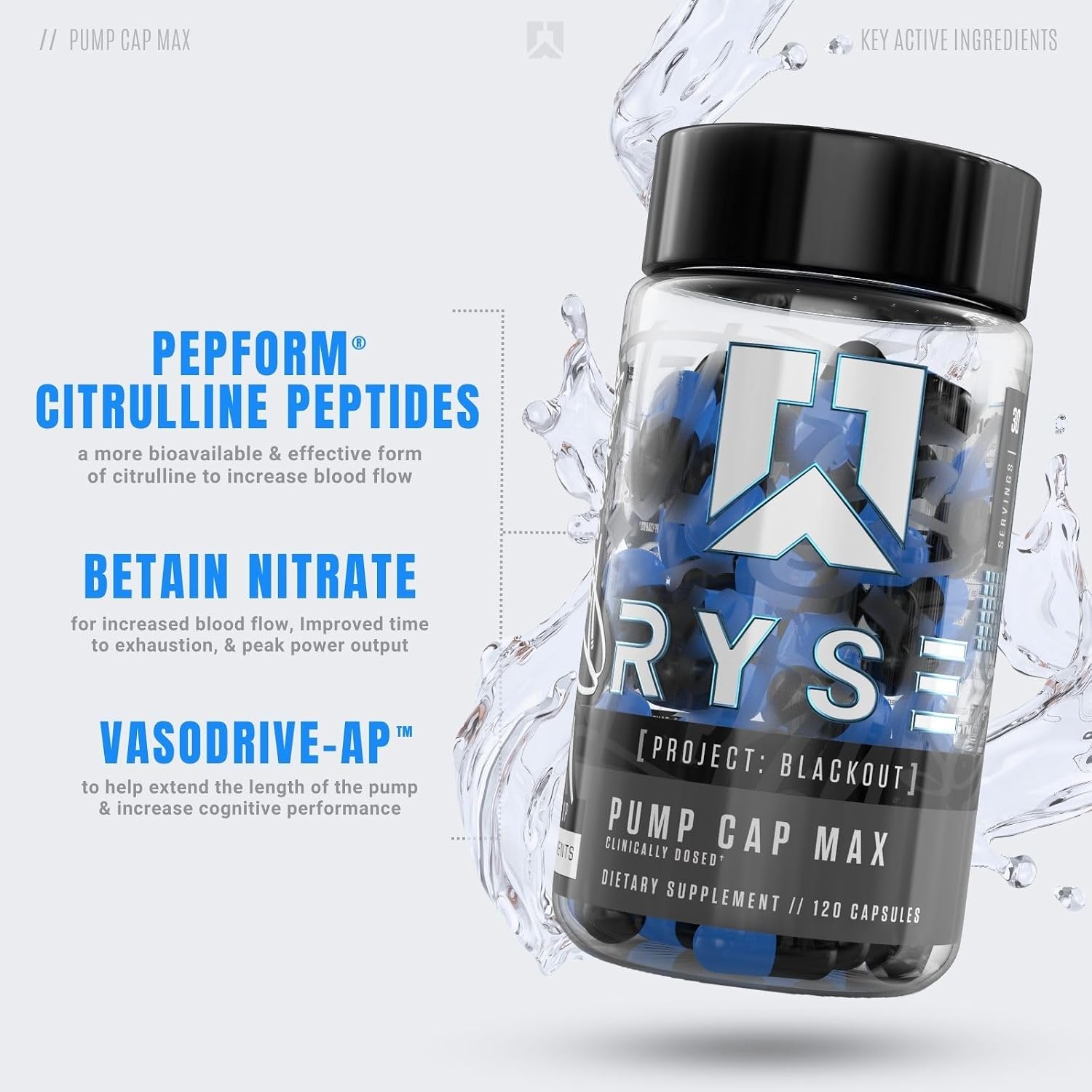 RYSE Project Blackout Pump Cap Max - Pre Workout Nitric Oxide Booster Supplement for Men with Betaine Nitrates & Citrulline Peptides for Maximum Muscle Pumps and Blood Flow - 30 Servings (120 Count) - Image 3