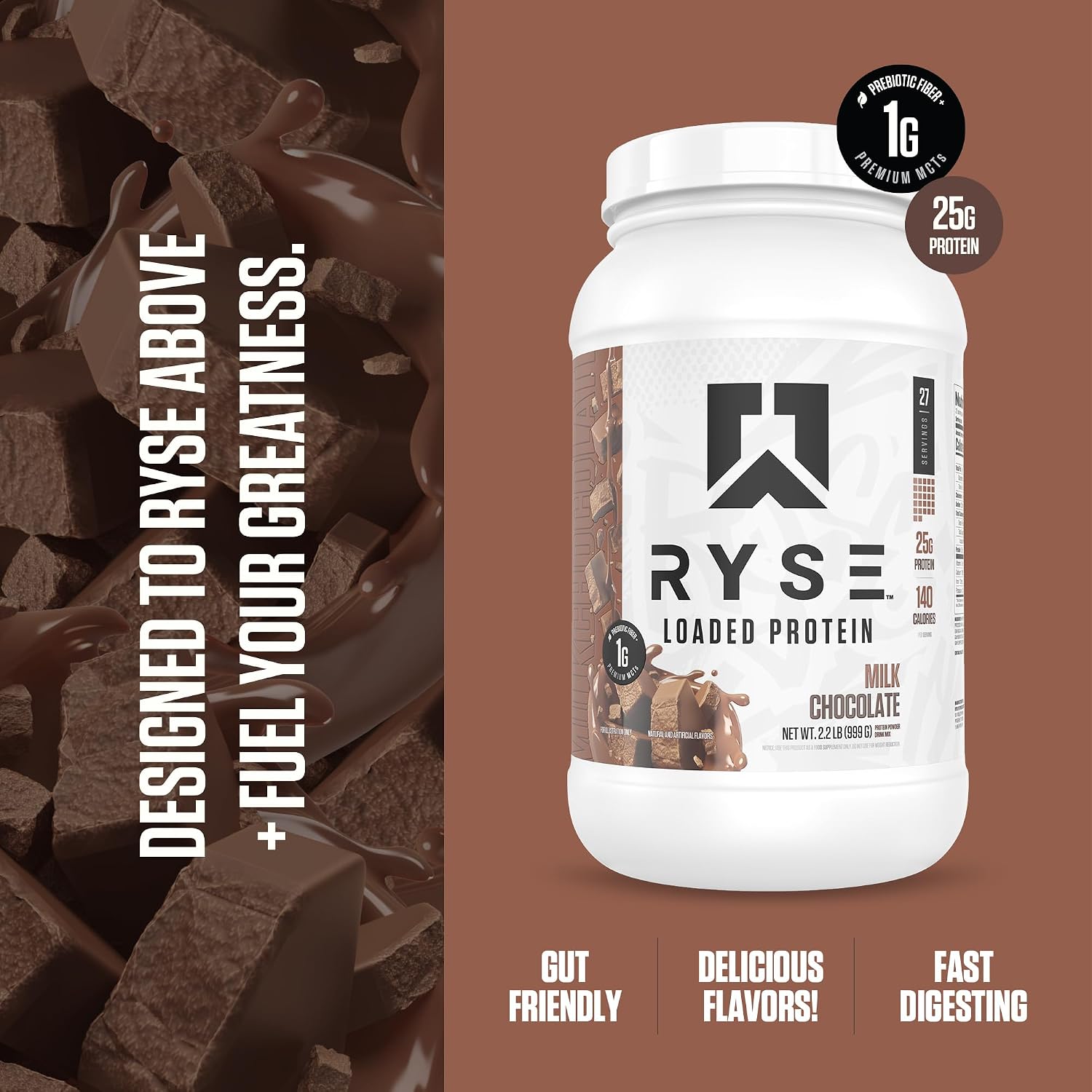 RYSE Loaded Protein Powder - Milk Chocolate - 25g Whey Protein Isolate & Concentrate with Prebiotic Fiber & MCTs - Low Carb, Low Sugar, Digestive-Friendly - 27 Servings / 2 lb Tub - Image 3