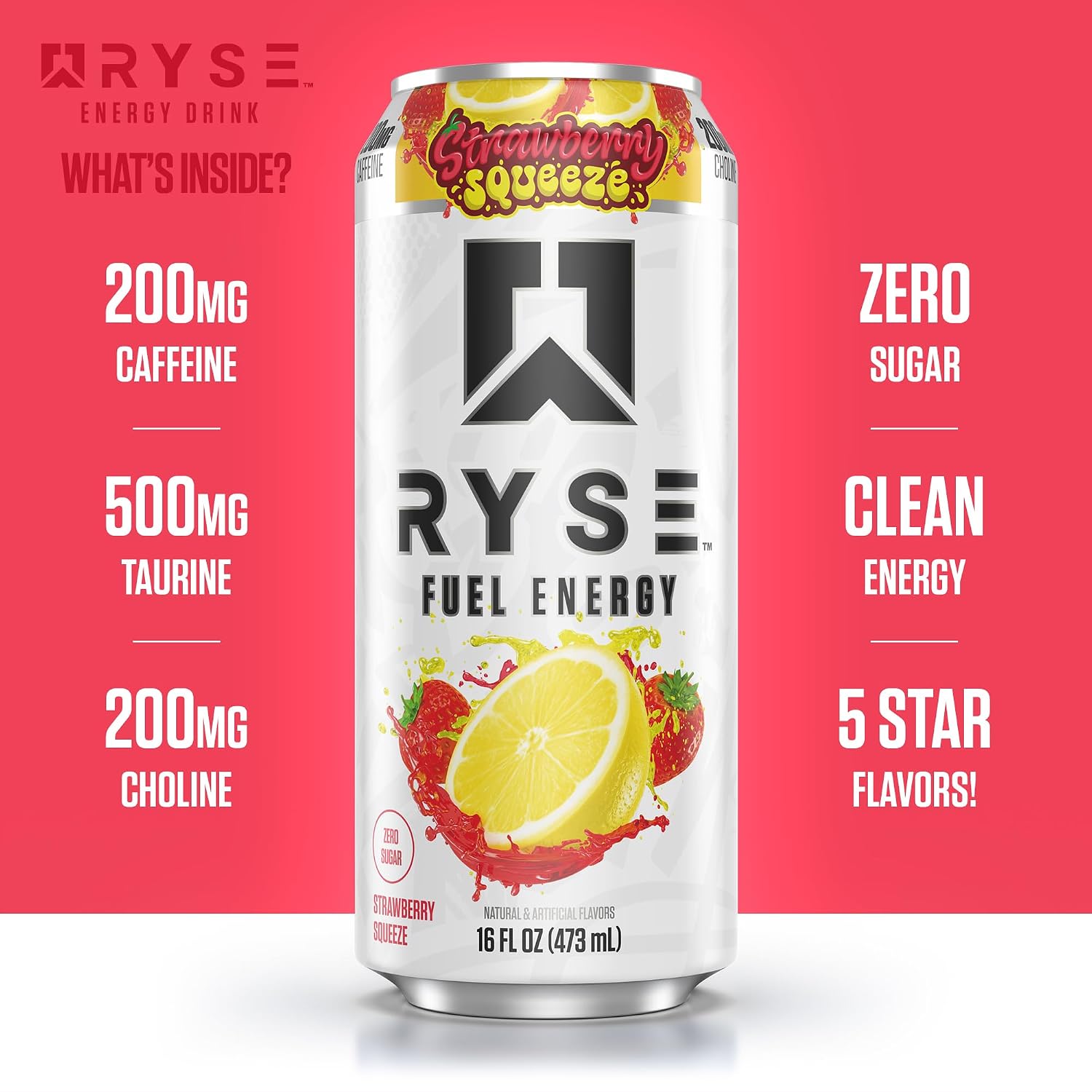 RYSE Fuel Energy Drink - Strawberry Squeeze - 16 fl oz Cans (12-Pack) | Sugar Free, Gluten Free & Vegan - 200mg Natural Caffeine, Taurine & Choline for Focus & Energy - No Artificial Colors - Image 5