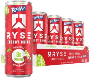 RYSE Functional Energy Drink - Kool-Aid Cherry Limeade - 150mg Natural Caffeine, 8g Whey Protein & 1g Prebiotics - Sugar Free, Gut-Friendly, Bloat-Free - 12 fl oz Cans (12-Pack)