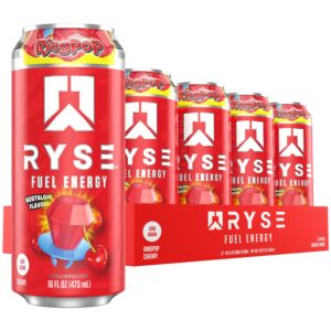RYSE Fuel Energy Drink - Ring Pop Cherry - Sugar Free, Gluten Free & Vegan - 200mg Natural Caffeine, Taurine & Choline for Focus & Energy - No Artificial Colors - 16 fl oz Cans (12-Pack)