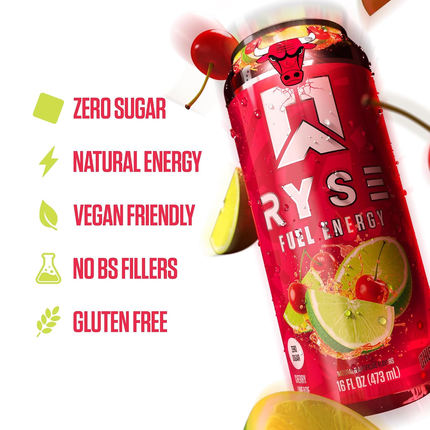 RYSE Fuel Energy Drink - Chicago Bulls Cherry Limeade - Sugar Free - 200mg Natural Caffeine, New Formula to Supports Cognitive Health & Improves Focus - No Artificial Colors - 16 fl oz Cans (12-Pack) - Image 4