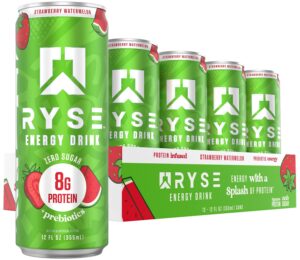 RYSE Functional Energy Drink - Strawberry Watermelon - 150mg Natural Caffeine, 8g Whey Protein & 1g Prebiotics - Sugar Free, Gut-Friendly, Bloat-Free - 12 fl oz Cans (12-Pack)