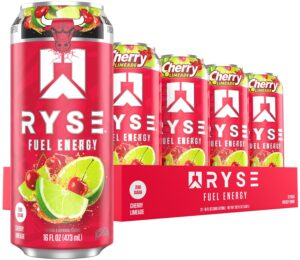 RYSE Fuel Energy Drink - Chicago Bulls Cherry Limeade - Sugar Free - 200mg Natural Caffeine, New Formula to Supports Cognitive Health & Improves Focus - No Artificial Colors - 16 fl oz Cans (12-Pack)