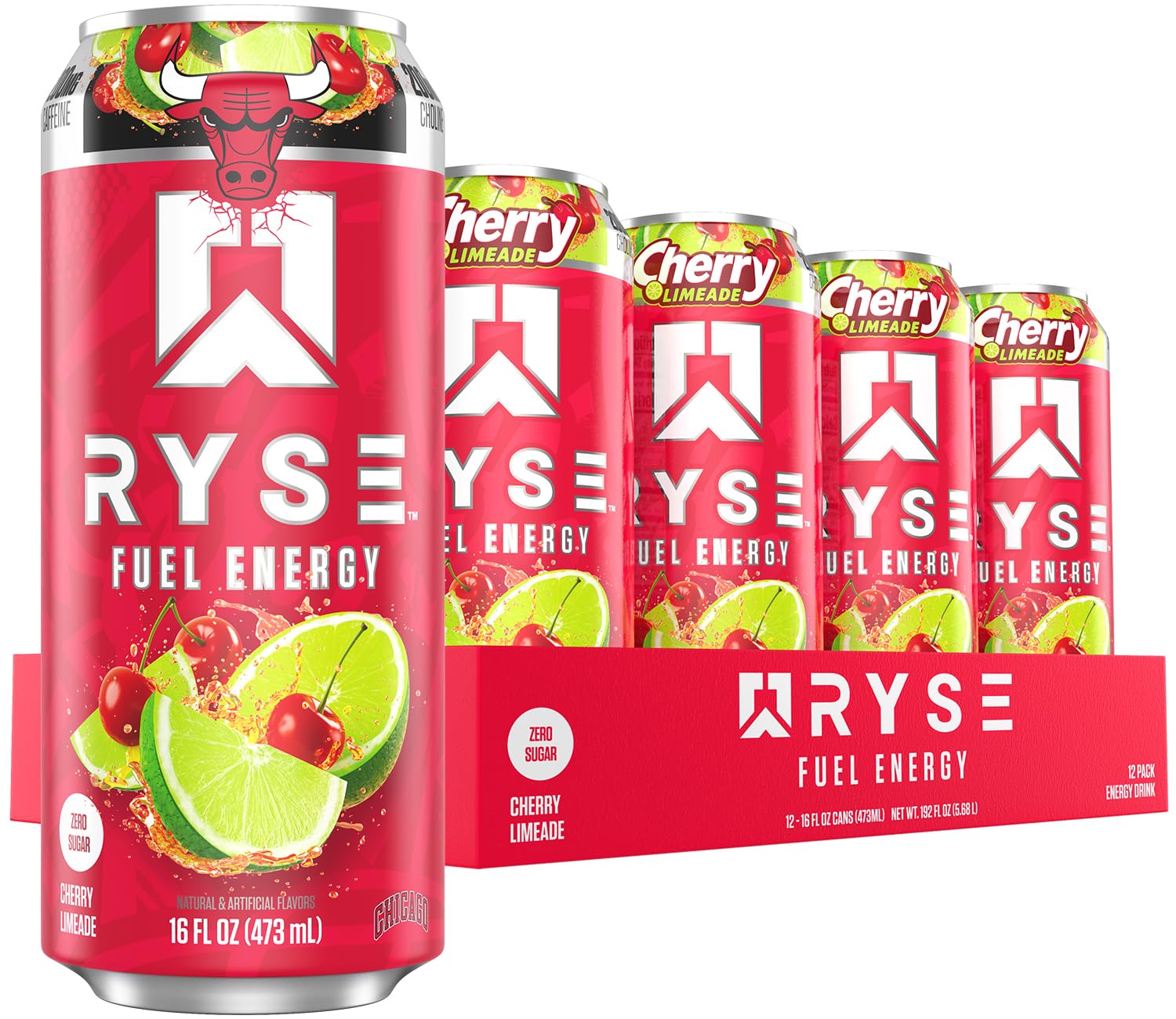 RYSE Fuel Energy Drink - Chicago Bulls Cherry Limeade - Sugar Free - 200mg Natural Caffeine, New Formula to Supports Cognitive Health & Improves Focus - No Artificial Colors - 16 fl oz Cans (12-Pack)