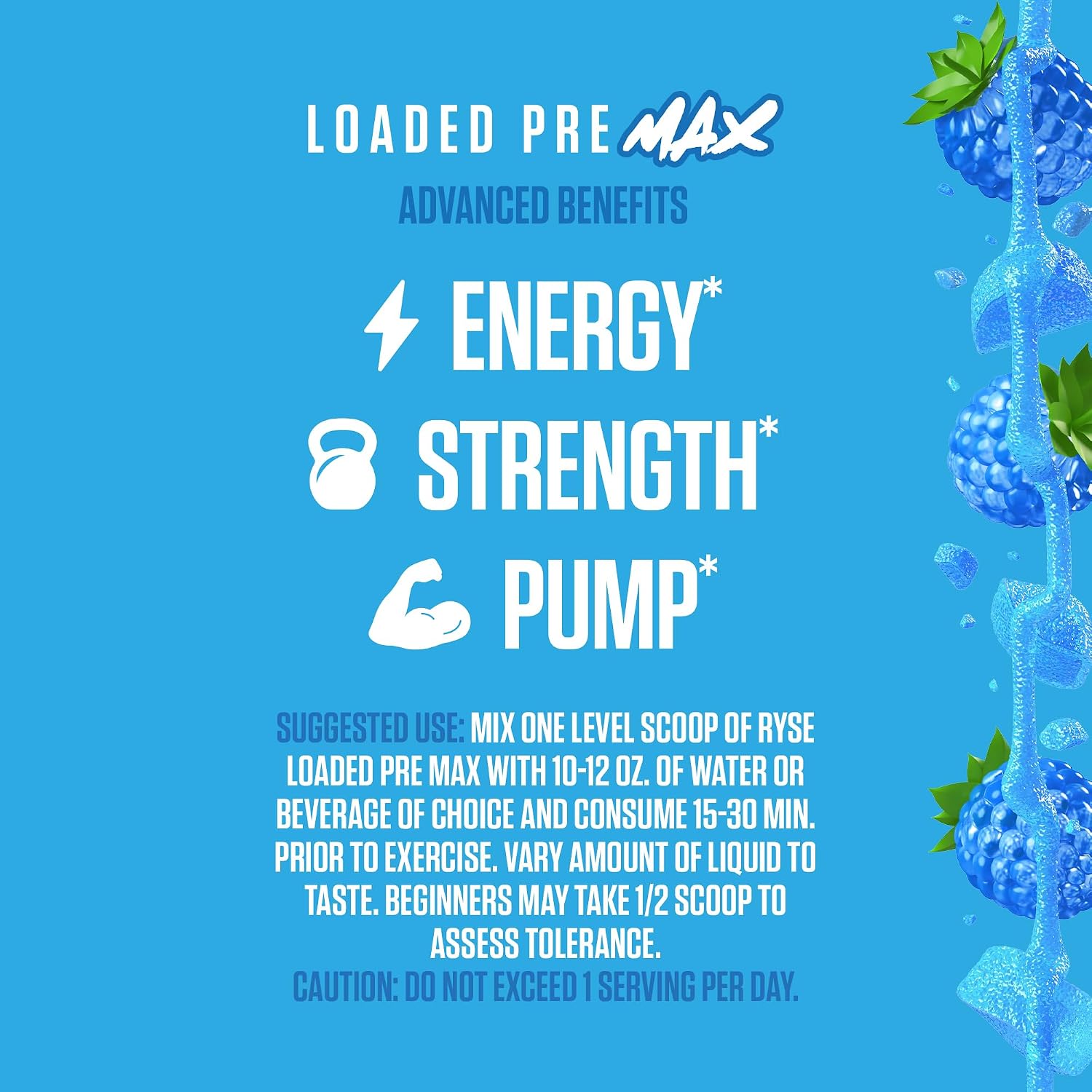 Ryse Loaded Pre Max Pre Workout Powder - Blue Razz Slush - 300mg Dual-Phase Caffeine for Sustained Energy for Men & Women - L-Citrulline, PeptiPump & Alpha-GPC for Power, Pumps & Focus - 25 Servings - Image 5