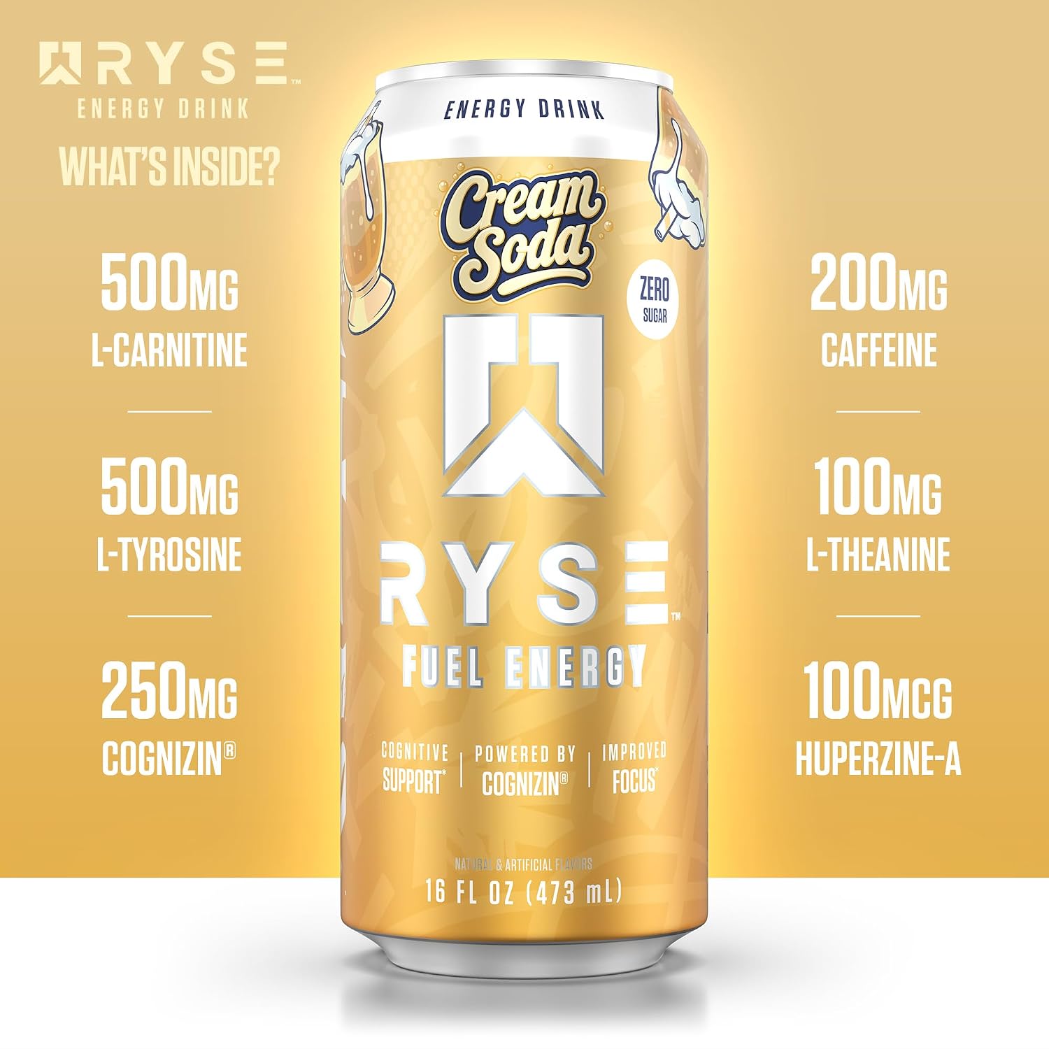 RYSE Fuel Energy Drink - Cream Soda - Sugar Free - 200mg Natural Caffeine, New Formula to Supports Cognitive Health & Improves Focus - No Artificial Colors - 16 fl oz Cans (12-Pack) - Image 5