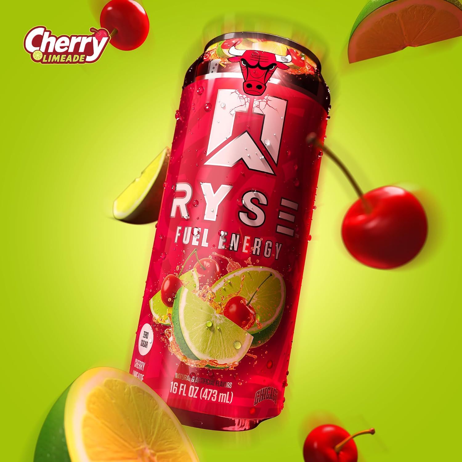 RYSE Fuel Energy Drink - Chicago Bulls Cherry Limeade - Sugar Free - 200mg Natural Caffeine, New Formula to Supports Cognitive Health & Improves Focus - No Artificial Colors - 16 fl oz Cans (12-Pack) - Image 3