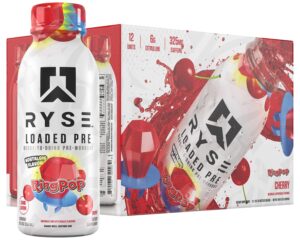 RYSE Loaded Pre Workout Drink - Ring Pop Cherry - Sugar-Free, Ready to Drink Energy Supplement with 325mg Caffeine, Citrulline & Beta Alanine for Focus & Pump - 12 fl oz Bottles (Pack of 12)