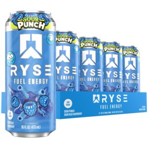 RYSE Fuel Energy Drink - Sour Punch Blue Raspberry - Sugar Free, Gluten Free & Vegan - 200mg Natural Caffeine, Taurine & Choline for Focus & Energy - No Artificial Colors - 16 fl oz Cans (12-Pack)