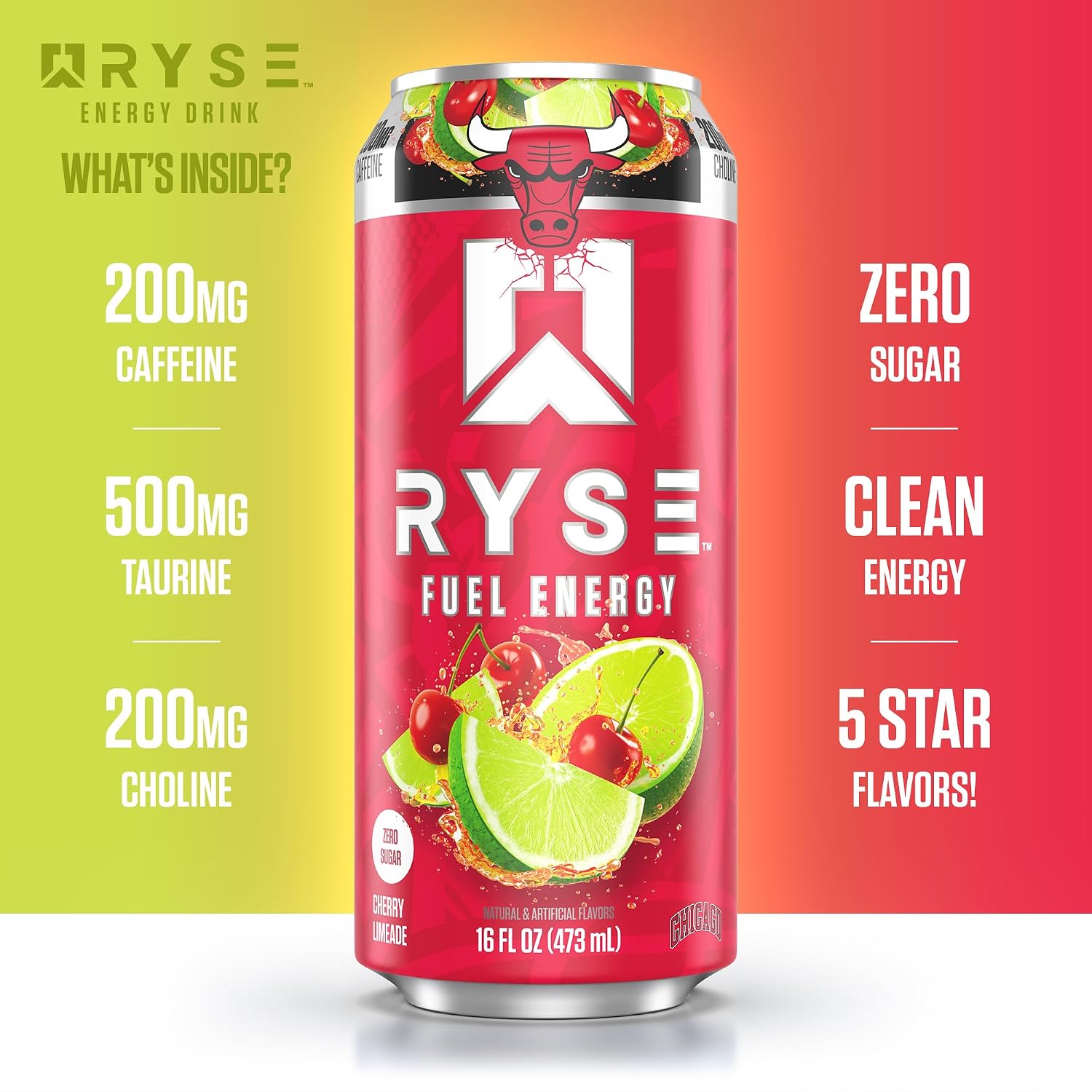 RYSE Fuel Energy Drink - Chicago Bulls Cherry Limeade - Sugar Free - 200mg Natural Caffeine, New Formula to Supports Cognitive Health & Improves Focus - No Artificial Colors - 16 fl oz Cans (12-Pack) - Image 5