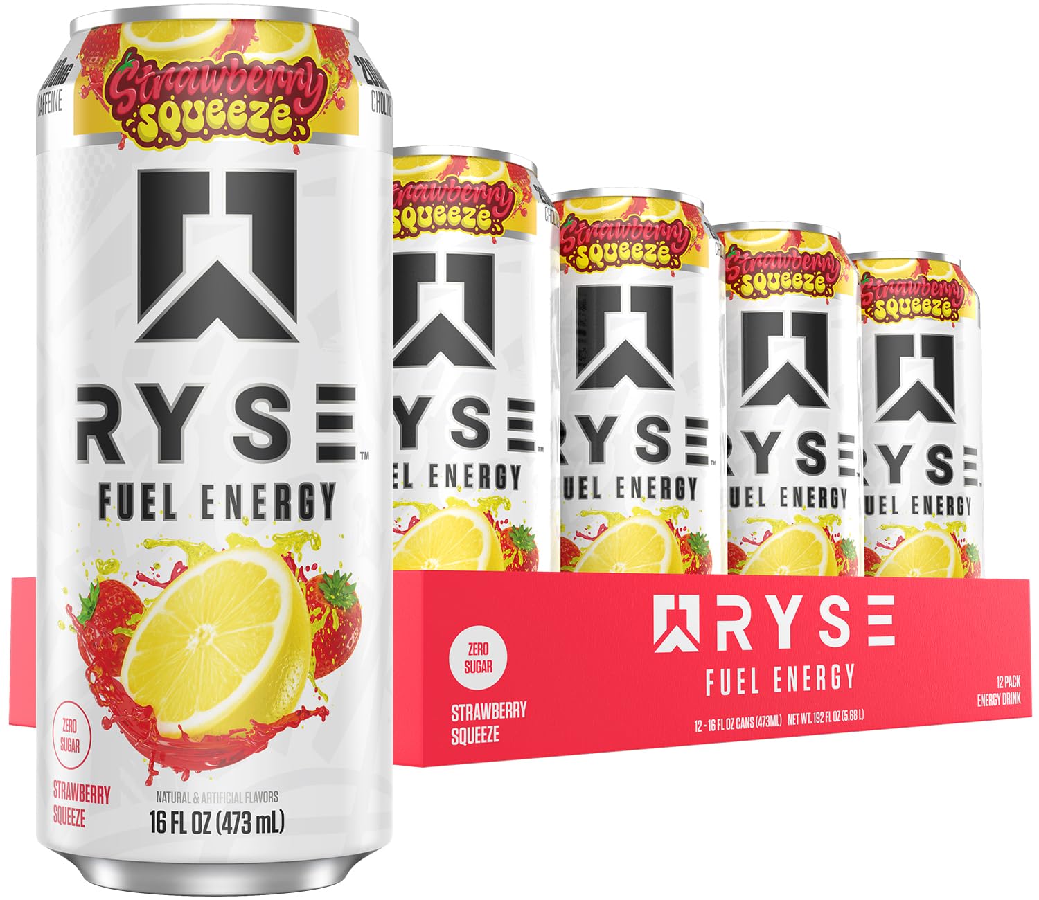 RYSE Fuel Energy Drink - Strawberry Squeeze - 16 fl oz Cans (12-Pack) | Sugar Free, Gluten Free & Vegan - 200mg Natural Caffeine, Taurine & Choline for Focus & Energy - No Artificial Colors - Image 7