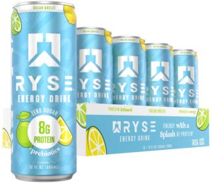 RYSE Functional Energy Drink - Ocean Breeze - 150mg Natural Caffeine, 8g Whey Protein & 1g Prebiotics - Sugar Free, Gut-Friendly, Bloat-Free - 12 fl oz Cans (12-Pack)
