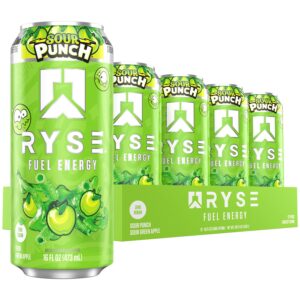 RYSE Fuel Energy Drink - Sour Punch Green Apple - Sugar Free, Gluten Free & Vegan - 200mg Natural Caffeine, Taurine & Choline for Focus & Energy - No Artificial Colors - 16 fl oz Cans (12-Pack)