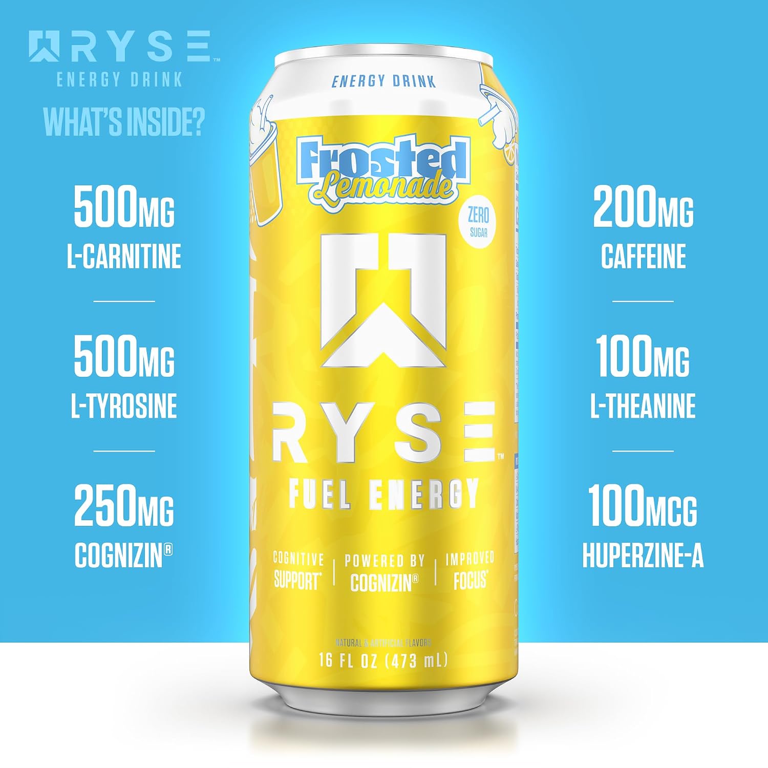RYSE Fuel Energy Drink - Frosted Lemonade - Sugar Free - 200mg Natural Caffeine, New Formula to Supports Cognitive Health & Improves Focus - No Artificial Colors - 16 fl oz Cans (12-Pack) - Image 5