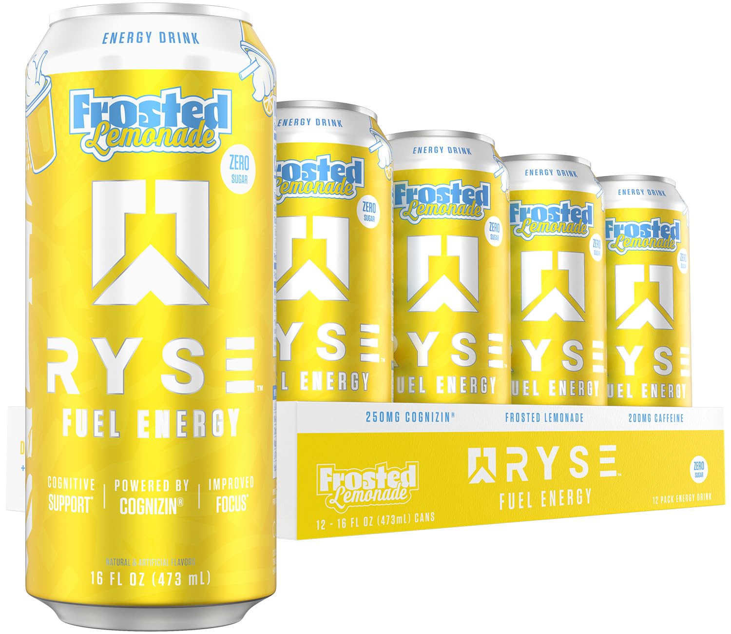 RYSE Fuel Energy Drink - Frosted Lemonade - Sugar Free - 200mg Natural Caffeine, New Formula to Supports Cognitive Health & Improves Focus - No Artificial Colors - 16 fl oz Cans (12-Pack) - Image 7