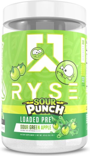 RYSE Loaded Pre Workout Powder - Sour Punch Green Apple - Daily Pre-Workout for Men & Women with 390mg Caffeine, Beta Alanine, and Citrulline for Pump, Focus, and Energy - 30 Servings