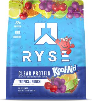 Ryse Clear Whey Isolate Protein Powder - Kool-Aid Tropical Punch - 22g Fast-Digesting Whey Protein - Light, Juicy & Refreshing - 100 Calories, Zero Sugar, Zero Artificial Colors - 20 Servings Bag