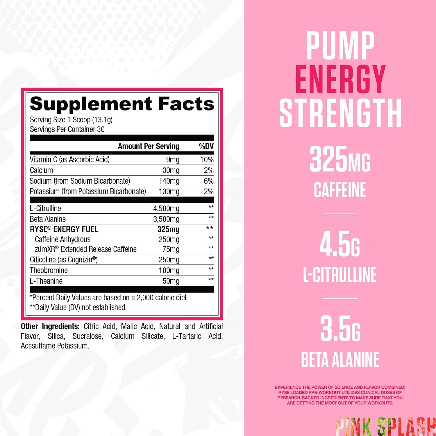 Ryse Loaded Pre Workout Powder - Pink Splash - Daily Pre-Workout for Men & Women with 325mg Caffeine, Beta Alanine, and Citrulline for Pump, Focus, and Energy - 30 Servings - Image 2