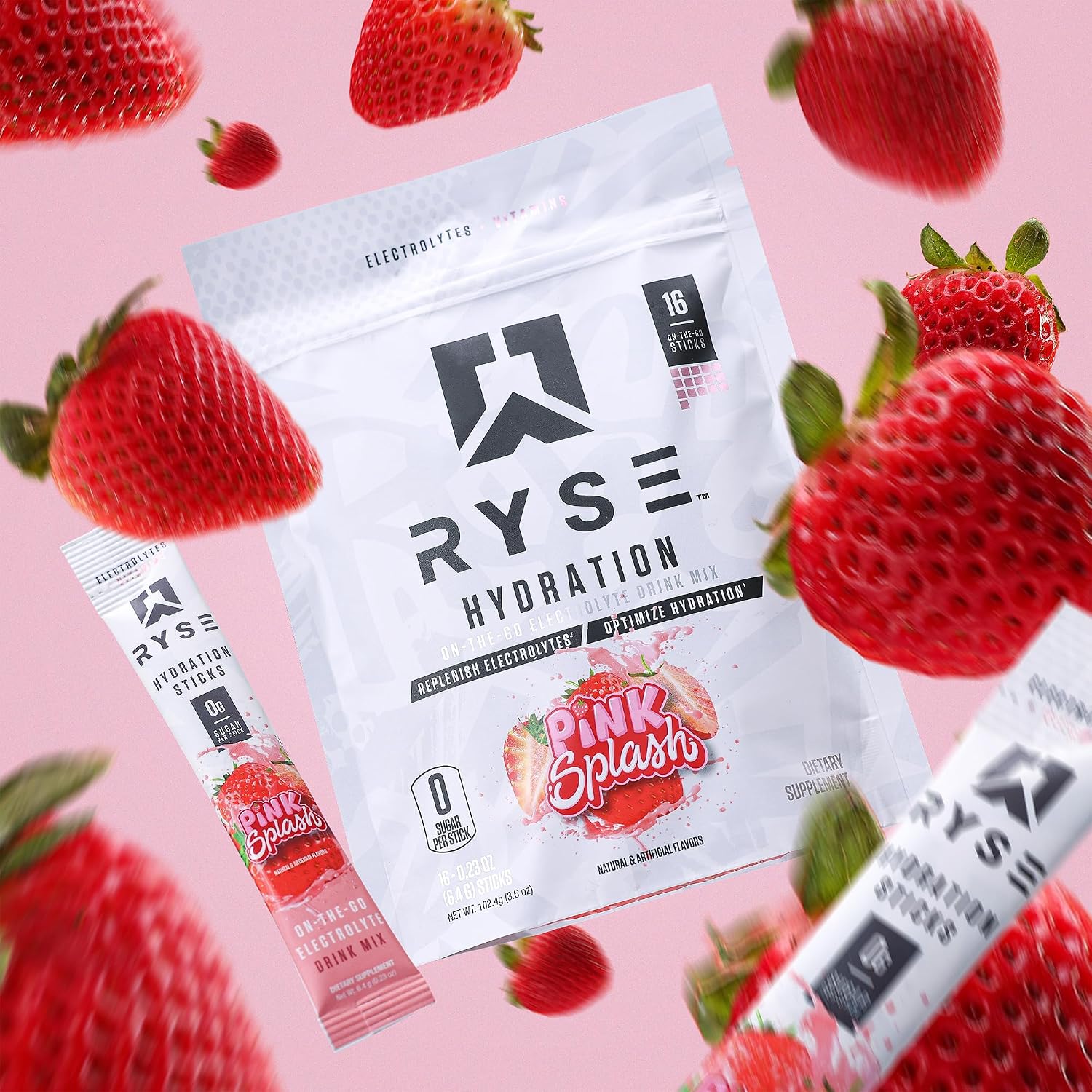 RYSE Hydration Electrolyte Powder Drink Mix Packets - Pink Splash - Sugar-Free Full Spectrum Electrolytes with Essential Vitamins, Taurine and Choline for Rehydration - 16 Serving Sticks - Image 6