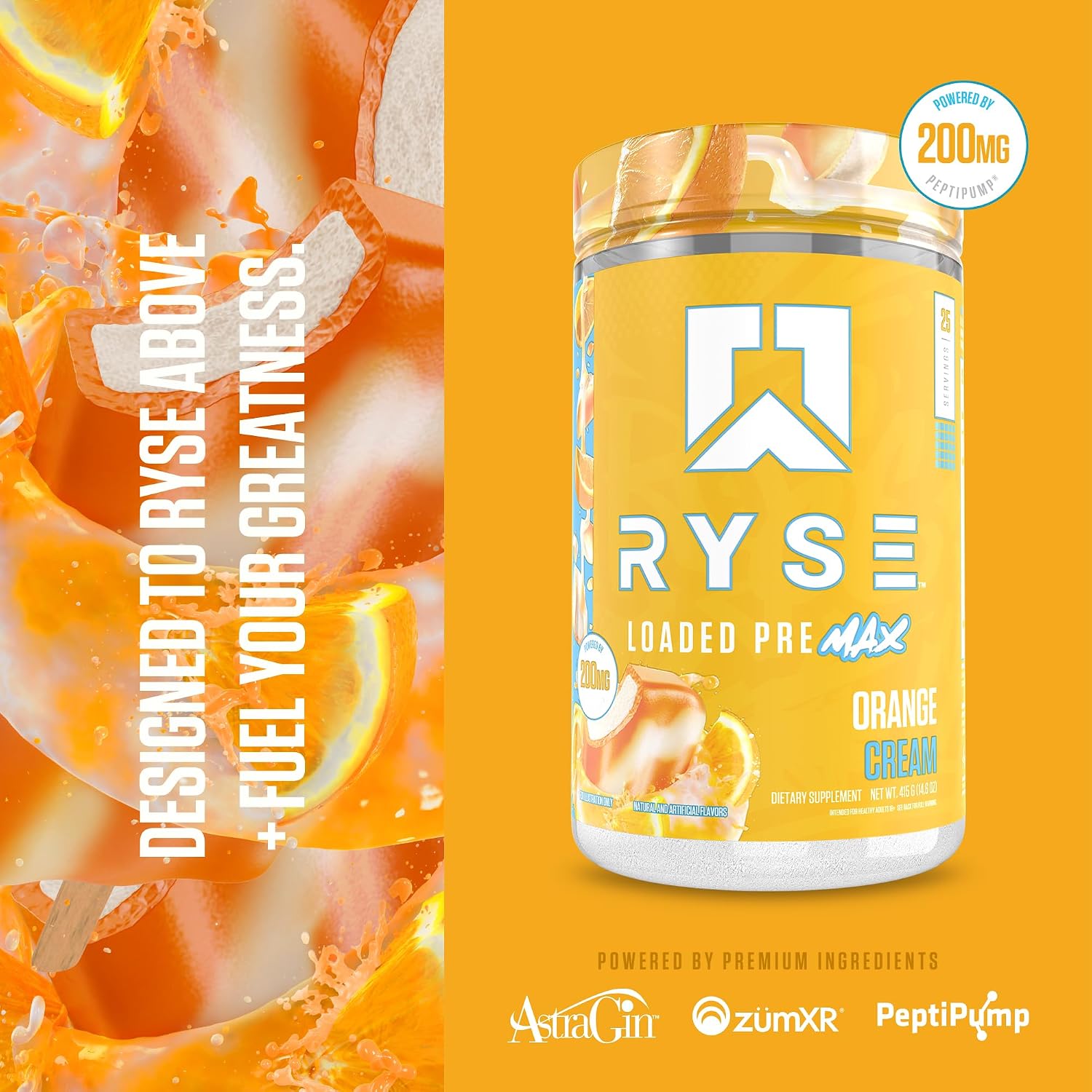 Ryse Loaded Pre Max Pre Workout Powder - Orange Cream - 300mg Dual-Phase Caffeine for Sustained Energy for Men & Women - L-Citrulline, PeptiPump & Alpha-GPC for Power, Pumps & Focus - 25 Servings - Image 3