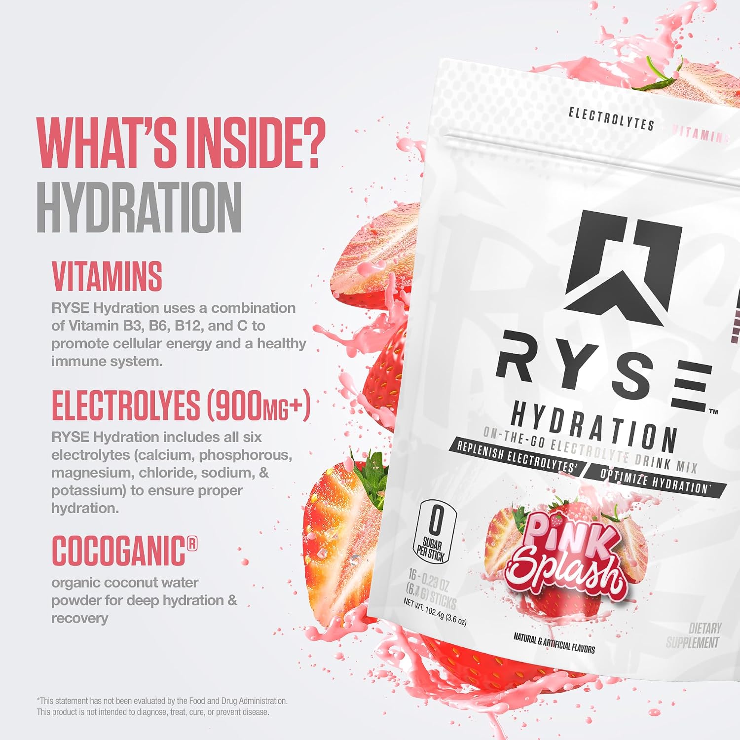 RYSE Hydration Electrolyte Powder Drink Mix Packets - Pink Splash - Sugar-Free Full Spectrum Electrolytes with Essential Vitamins, Taurine and Choline for Rehydration - 16 Serving Sticks - Image 4