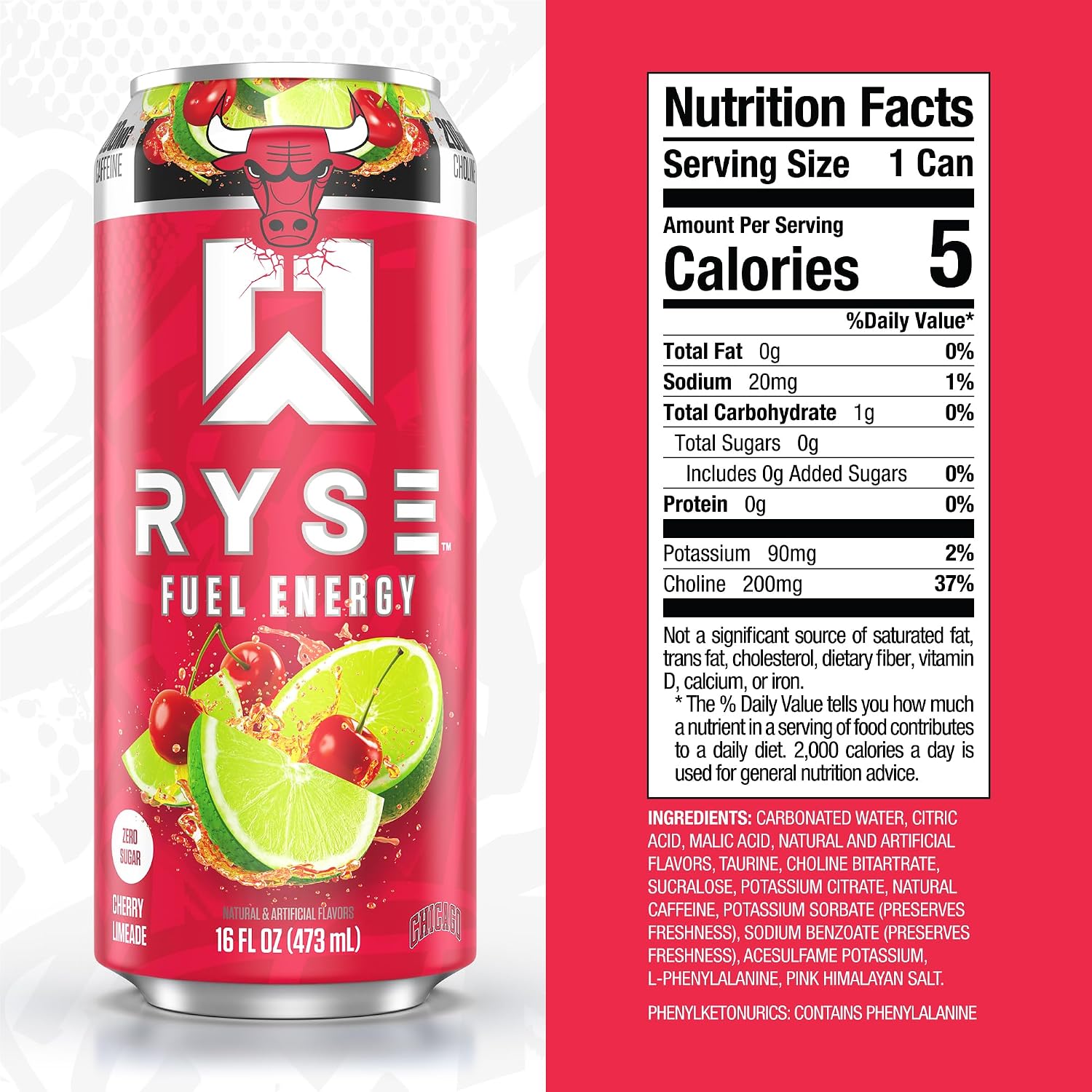 RYSE Fuel Energy Drink - Chicago Bulls Cherry Limeade - Sugar Free - 200mg Natural Caffeine, New Formula to Supports Cognitive Health & Improves Focus - No Artificial Colors - 16 fl oz Cans (12-Pack) - Image 2