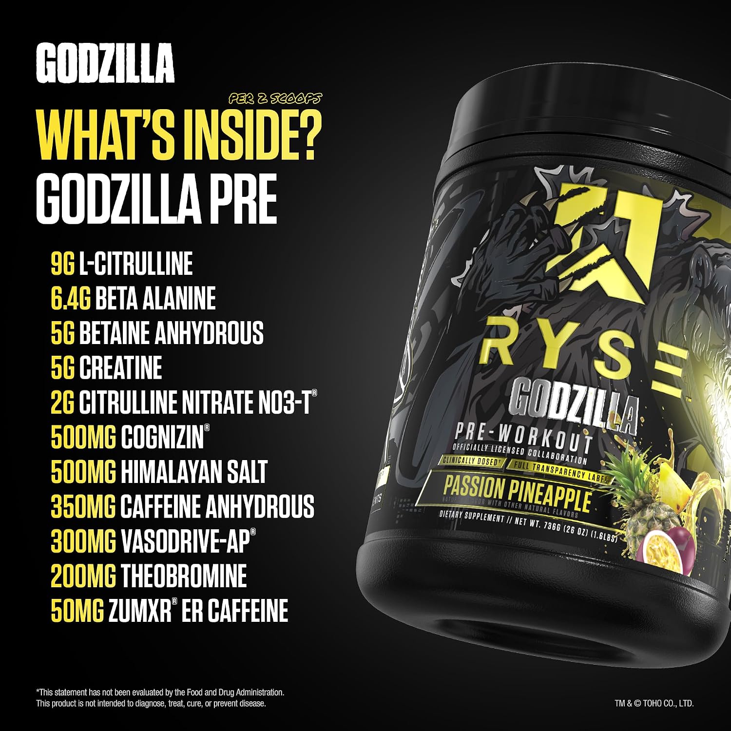 RYSE Godzilla X Noel Deyzel Pre Workout Powder - Passion Pineapple - 400mg Caffeine, High Stim Pre-Workout for Men & Women with Citrulline & Beta Alanine - Energy, Pump & Focus - 20/40 Servings - Image 4