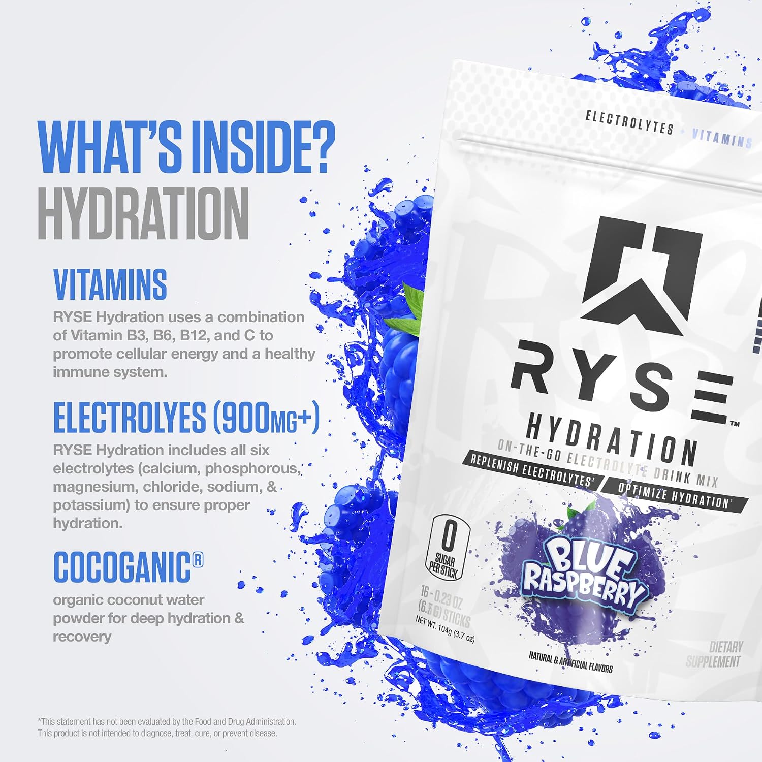 RYSE Hydration Electrolyte Powder Drink Mix Packets - Blue Raspberry - Sugar-Free Full Spectrum Electrolytes with Essential Vitamins, Taurine and Choline for Rehydration - 16 Serving Sticks - Image 4