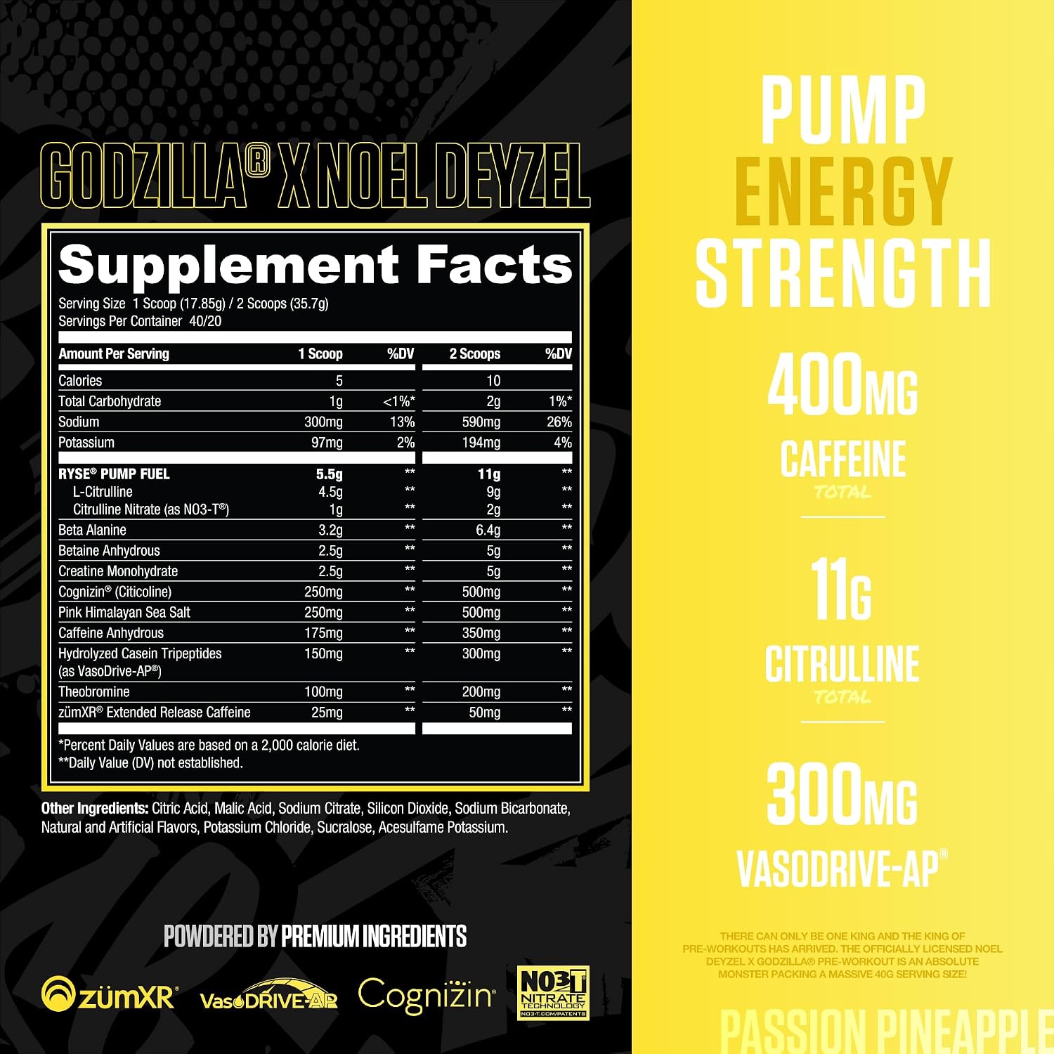RYSE Godzilla X Noel Deyzel Pre Workout Powder - Passion Pineapple - 400mg Caffeine, High Stim Pre-Workout for Men & Women with Citrulline & Beta Alanine - Energy, Pump & Focus - 20/40 Servings - Image 2