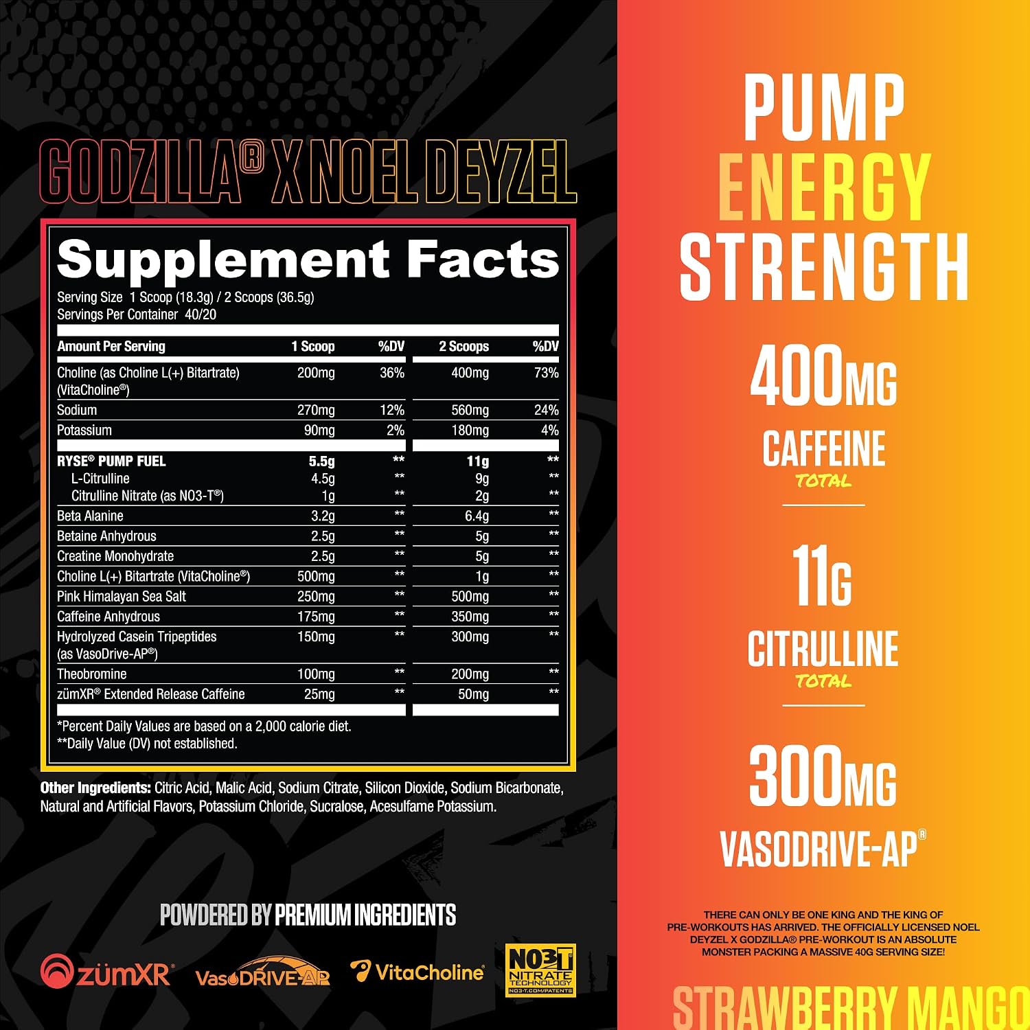 RYSE Godzilla X Noel Deyzel Pre Workout Powder - Strawberry Mango - 400mg Caffeine, High Stim Pre-Workout for Men & Women with Citrulline & Beta Alanine - Energy, Pump & Focus - 20/40 Servings - Image 2