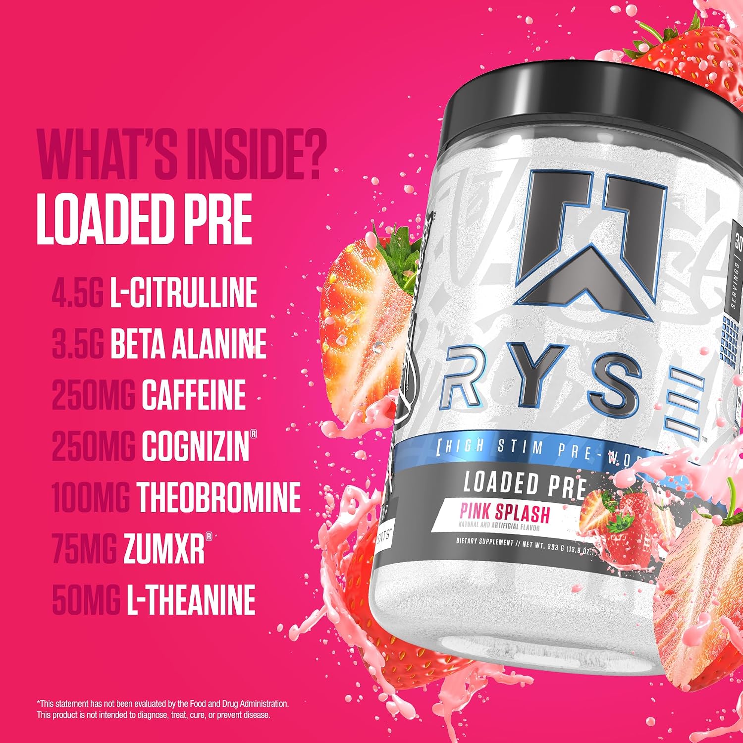 Ryse Loaded Pre Workout Powder - Pink Splash - Daily Pre-Workout for Men & Women with 325mg Caffeine, Beta Alanine, and Citrulline for Pump, Focus, and Energy - 30 Servings - Image 4
