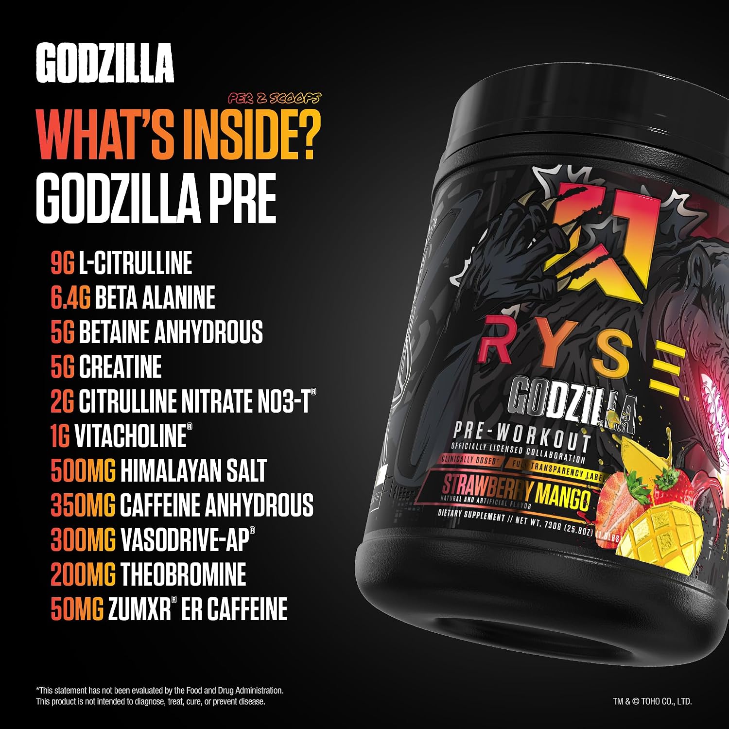 RYSE Godzilla X Noel Deyzel Pre Workout Powder - Strawberry Mango - 400mg Caffeine, High Stim Pre-Workout for Men & Women with Citrulline & Beta Alanine - Energy, Pump & Focus - 20/40 Servings - Image 4
