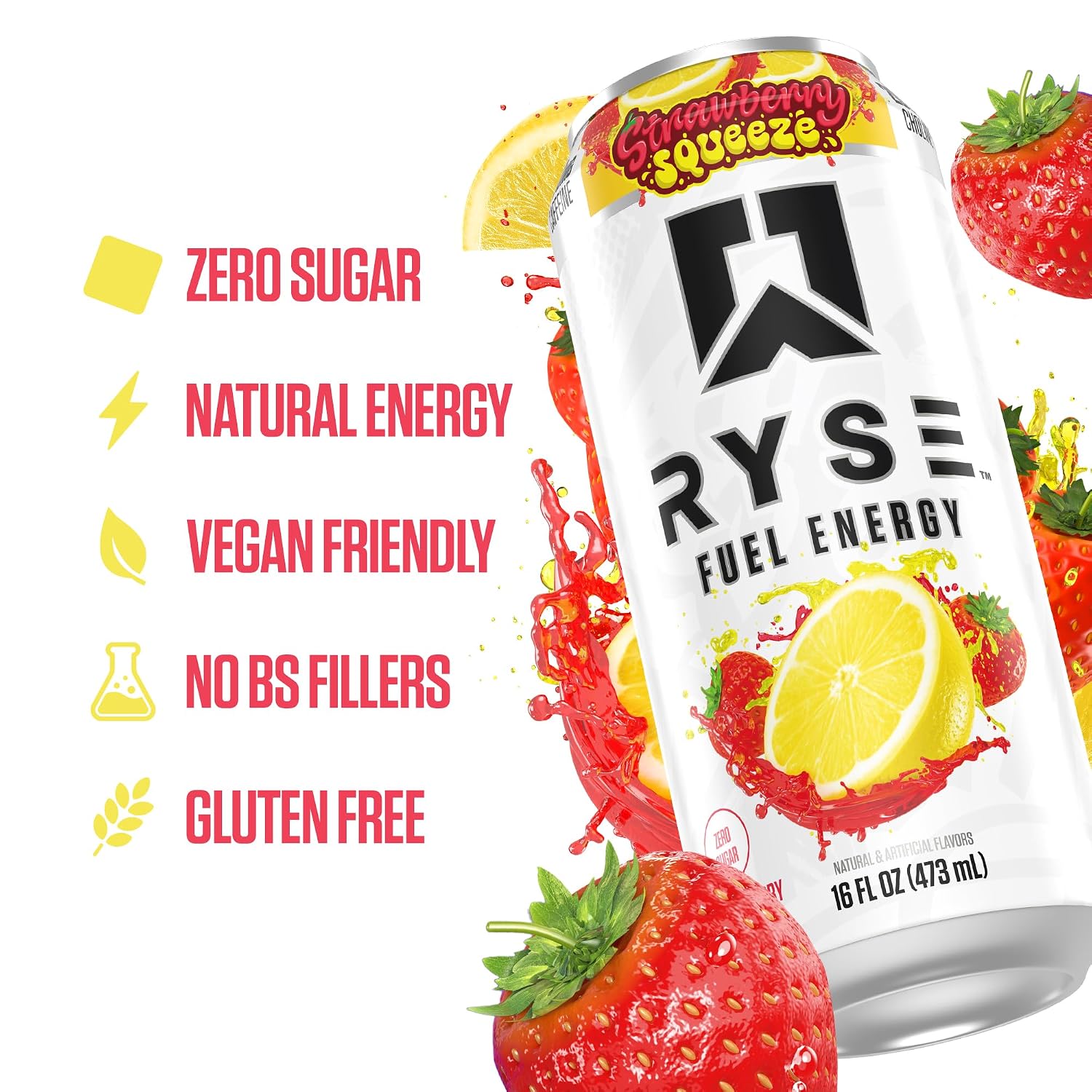 RYSE Fuel Energy Drink - Strawberry Squeeze - 16 fl oz Cans (12-Pack) | Sugar Free, Gluten Free & Vegan - 200mg Natural Caffeine, Taurine & Choline for Focus & Energy - No Artificial Colors - Image 4