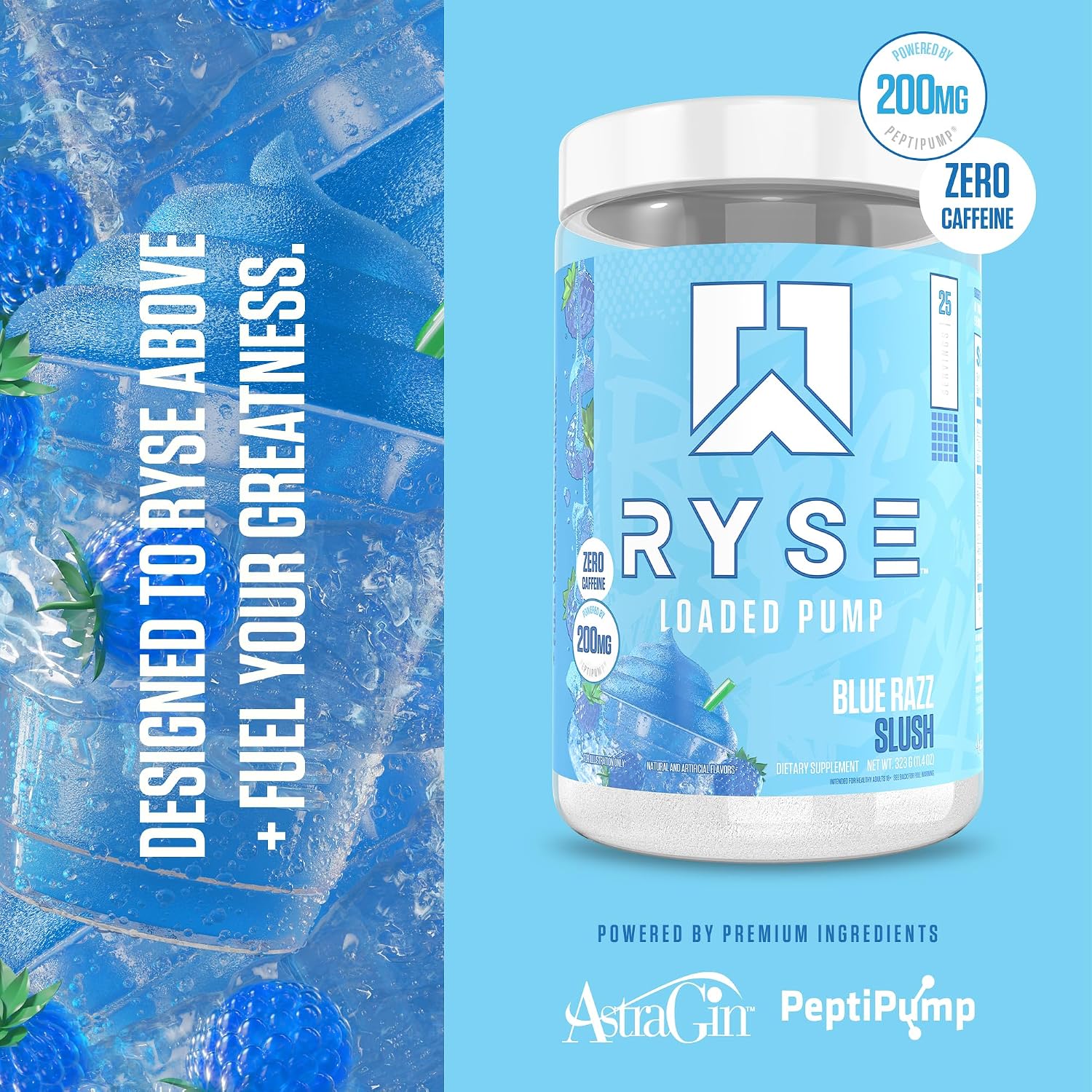 Ryse Loaded Pump Pre Workout Powder - Blue Razz Slush - No Caffeine Stimulant Free Formula for Pump, Power & Endurance - L-Citrulline, PeptiPump, Betaine Anhydrous, Taurine & AstraGin - 25 Servings - Image 3
