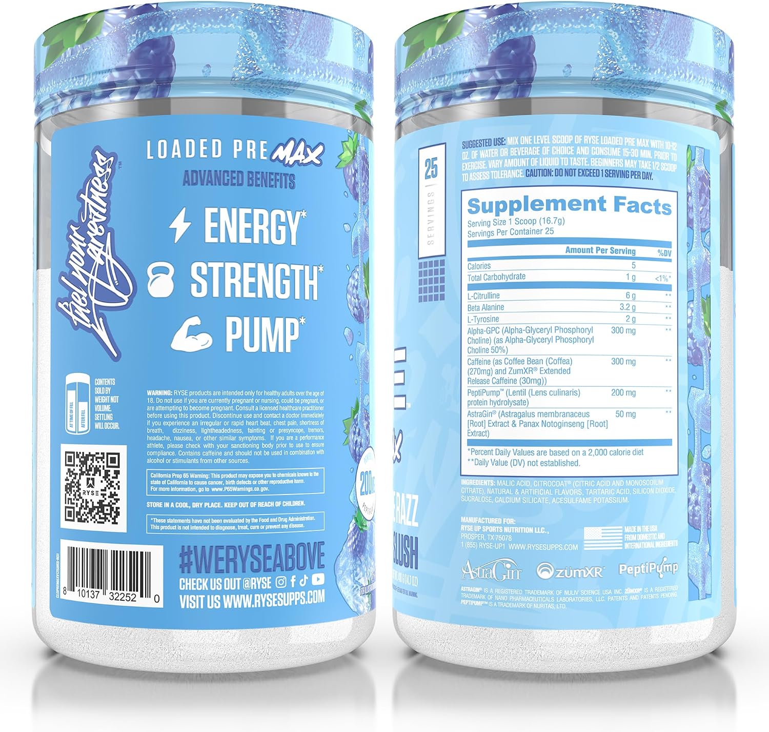 Ryse Loaded Pre Max Pre Workout Powder - Blue Razz Slush - 300mg Dual-Phase Caffeine for Sustained Energy for Men & Women - L-Citrulline, PeptiPump & Alpha-GPC for Power, Pumps & Focus - 25 Servings - Image 6