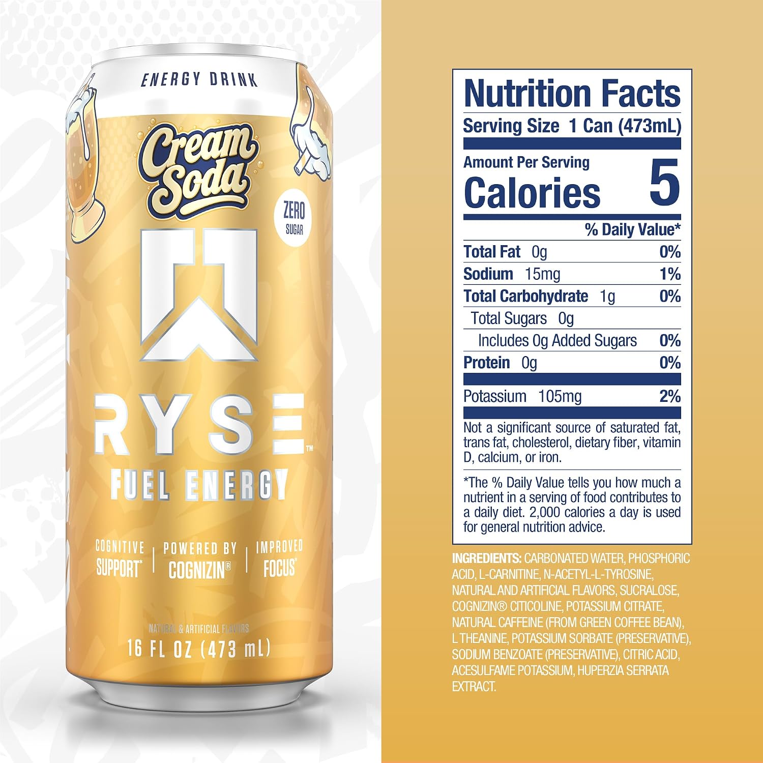 RYSE Fuel Energy Drink - Cream Soda - Sugar Free - 200mg Natural Caffeine, New Formula to Supports Cognitive Health & Improves Focus - No Artificial Colors - 16 fl oz Cans (12-Pack) - Image 2