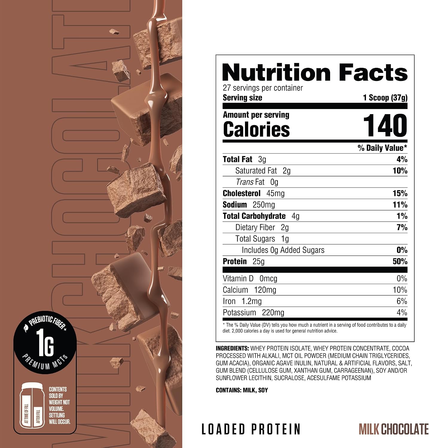 RYSE Loaded Protein Powder - Milk Chocolate - 25g Whey Protein Isolate & Concentrate with Prebiotic Fiber & MCTs - Low Carb, Low Sugar, Digestive-Friendly - 27 Servings / 2 lb Tub - Image 2