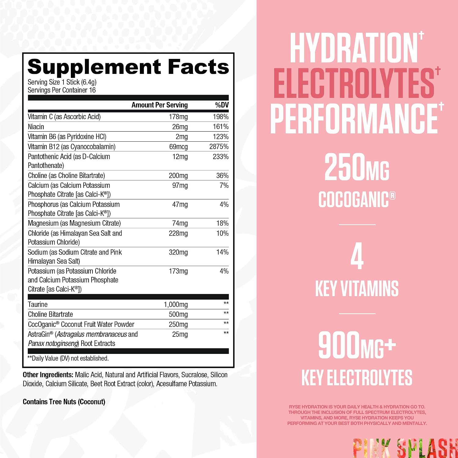 RYSE Hydration Electrolyte Powder Drink Mix Packets - Pink Splash - Sugar-Free Full Spectrum Electrolytes with Essential Vitamins, Taurine and Choline for Rehydration - 16 Serving Sticks - Image 2
