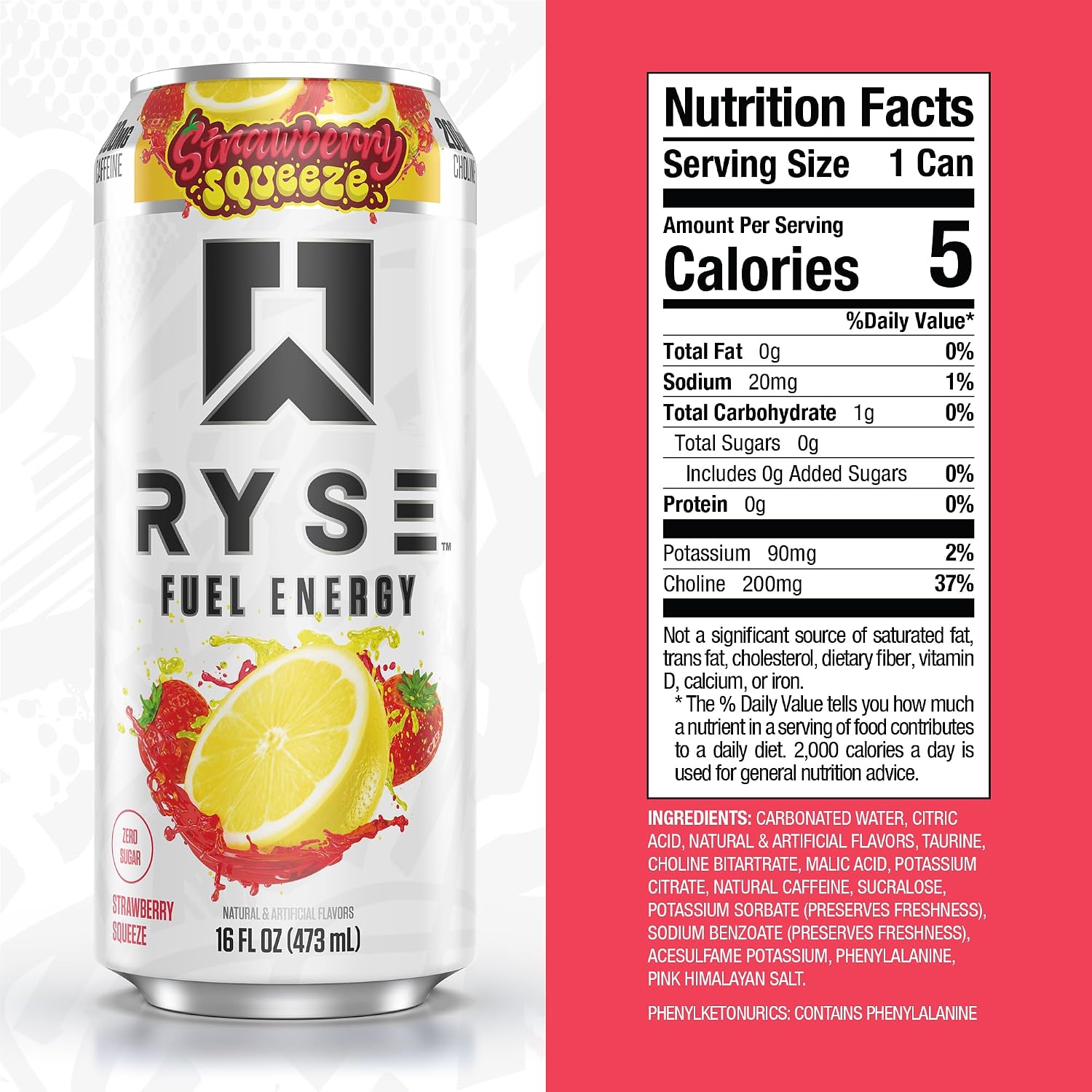 RYSE Fuel Energy Drink - Strawberry Squeeze - 16 fl oz Cans (12-Pack) | Sugar Free, Gluten Free & Vegan - 200mg Natural Caffeine, Taurine & Choline for Focus & Energy - No Artificial Colors - Image 2